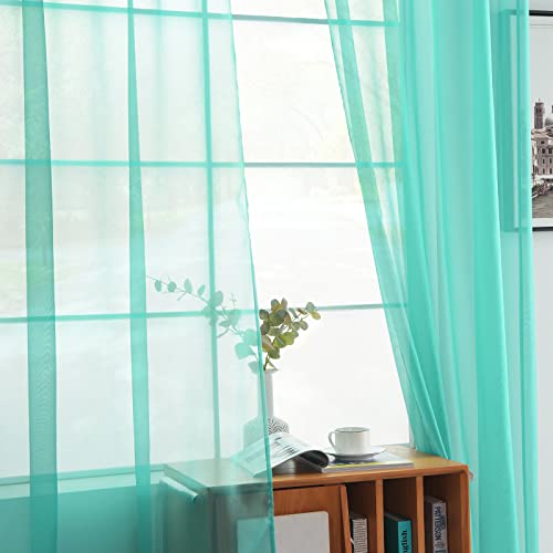 Solid Sheer Rod Pocket Curtain Voile Draperies 2 Panels White Beige Black Grey Coffee 52 Inch Width 63 Inch Long 1 Pair for Kitchen Bedroom Children Living Room Yard (Turquoise / 52"W x 63"L (Pack of 2))