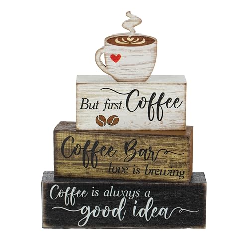 4 Pcs Coffee Bar Sign Wooden Blocks with Cup Topper Coffee Decor (Coffee Bar)