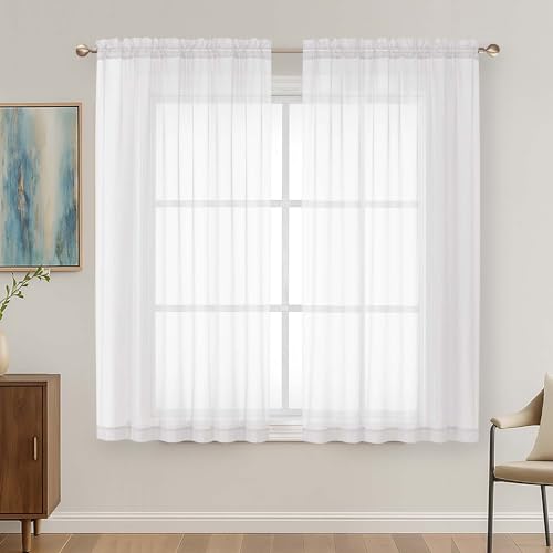 White Sheer Curtains 63 Inches Long 2 Panels Set (White / 59"W x 63"L (Pack of 2))