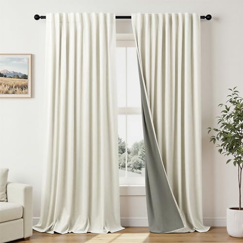 Extra Wide Room Darkening 90 Inch Curtains 2 Panels for Living Room Ivory Cream Colored Linen Blackout Curtain for Bedroom Windows 120 to 140 Privacy Thermal Window Drapes Back Tab Pocket 70x90 Long (Natural / 70"W x 90"L (Pack of 2))