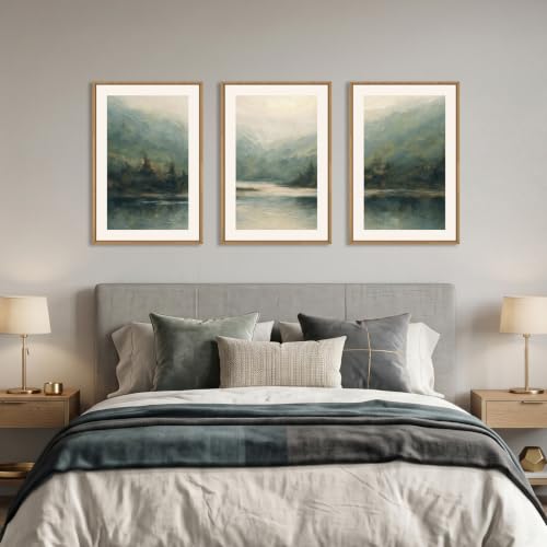 Watercolor Green Forest Mountain Framed Canvas Wall Art (Watercolor Landscape Wall Art / 24"Lx36"W)