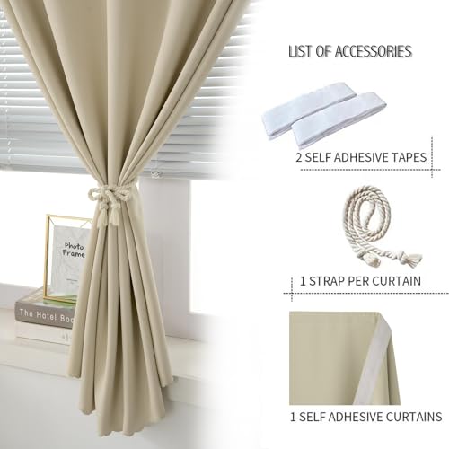 Self Adhesive Portable Blackout Curtains for Bedroom Easy to Install Window Thermal Lnsulated Kitchen Room Darkening Small Window Curtains (59"W x 59"L (Pack of 1) / Beige)