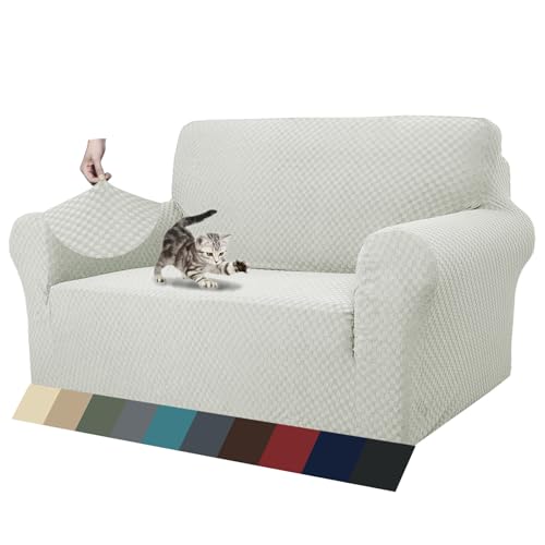 1 Piece Jacquard Couch Covers for 2 Cushion Couch High Stretch Loveseat Slipcover for Pets Dogs Anti Slip Love Seat Sofa Slipcover Furniture Protector (Medium (55"-69") / Ivory)