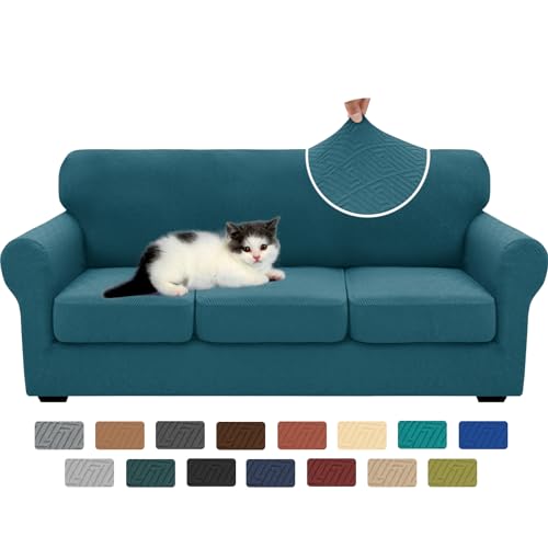 4 Piece Stretch Sofa Cover (71"-91"(3 Cushions) / Peacock Blue)