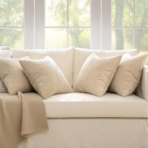 Soft Corduroy Decorative Throw Pillow Covers Beige 18x18 (18" x 18" (Pack of 4) / Beige)