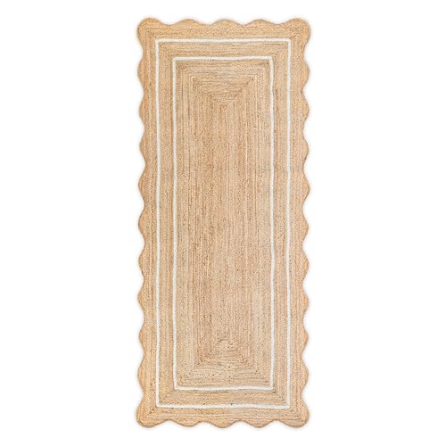 Wave Scalloped Natural Jute Rug Boho Entryway Runner Farmhouse (Off White / 2'x10' (Runner))