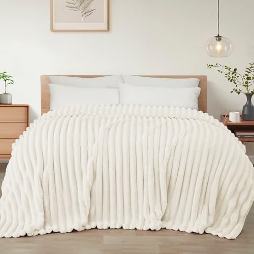 Striped Twin Size Fleece Blanket for Bed (Ivory / Twin ( 60x80 IN ))