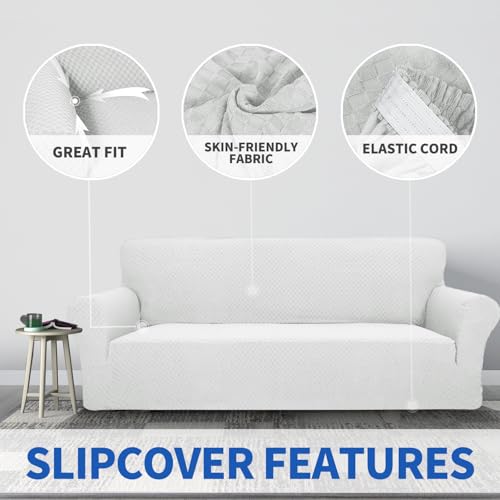 1 Piece Jacquard Couch Covers for 2 Cushion Couch High Stretch Loveseat Slipcover for Pets Dogs Anti Slip Love Seat Sofa Slipcover Furniture Protector (Medium (55"-69") / White)