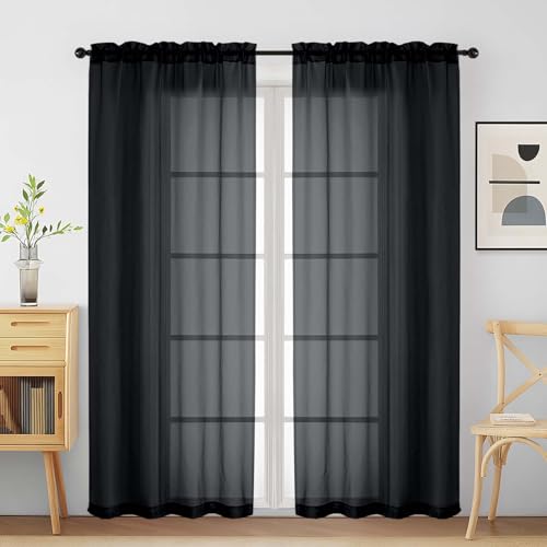 Halloween Black Sheer Curtains for Window 72 inches Long 2 Panels Set (42"W x 72"L (Pack of 2) / Black)