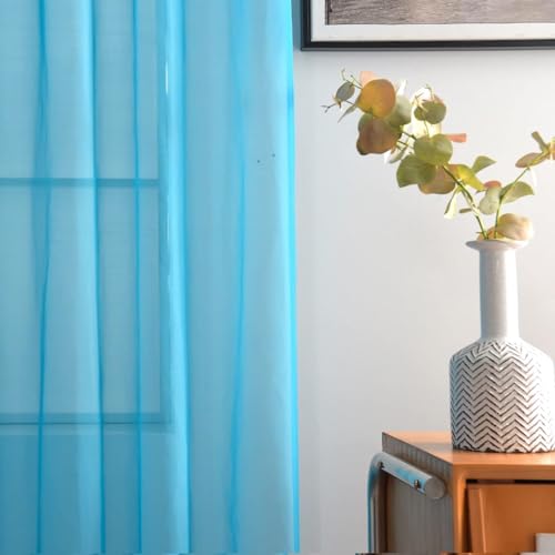 Basic Rod Pocket Sheer Voile Window Curtain Panels Cyan Blue 1 Pair 2 Panels 52 Width 36 Inch Long for Kitchen Bedroom Children Living Room Yard（Cyan Blue (Cyan Blue / 52"W x 36"L (Pack of 2))