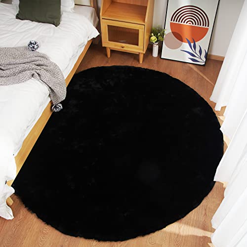 Faux Rabbit Fur Round Rug 6ft Black Round Rugs for Bedroom Decor Fluffy Area Rugs for Living Room (Black / 5'11" (Round))