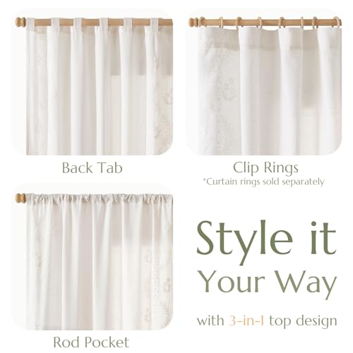 Floral Linen Curtains 96 Inch Farmhouse Back Tab 2 Panels (Off White / 50"W x 96"L (Pack of 2))