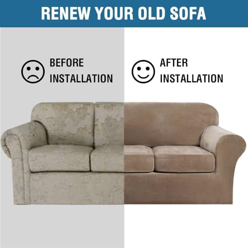 Modern Velvet Plush 4 Piece High Stretch Sofa Slipcover Strap Sofa Cover Furniture Protector Form Fit Luxury Thick Velvet Sofa Cover for 3 Cushion Couch Width Up to 90 Inch (3 Cushion Sofa / Camel)