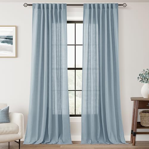 Dusty Blue Linen Curtains 84 inch Long for Living Room Back Tab Light Filtering Semi Sheer Light Blue Bedroom Curtains Linen Cotton Textured Grey Blue Drapery Panel Airy Modern Aesthetic Decor (Dusty Blue / 52"W x 84"L (Pack of 2))