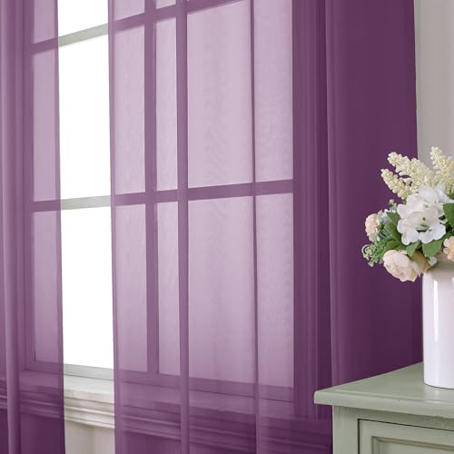 Plum Purple Sheer Curtains 63 Inches Long 2 Panels Set (40"W x 63"L (Pack of 2) / Plum)
