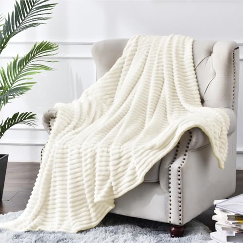 3D Ribbed Jacquard Cream Fleece Twin Blanket for Couch (Cream / Twin(60"x80"))