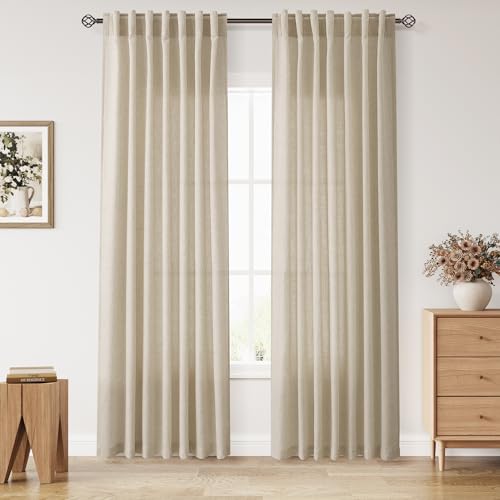 Eggshell Beige Linen Curtains 84 Inches Long for Living Room Light Filtering Semi Sheer Curtain Back Tab Rustic Coastal Decor Elegant Neutral Luxury Drapes for Bedroom 52x84 (52"W x 84"L (Pack of 2) / Eggshell Beige)