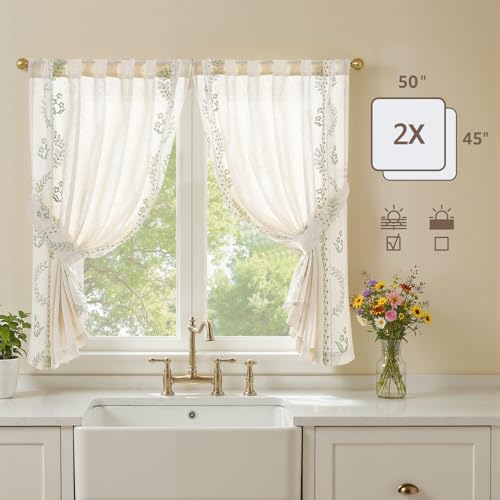 Green Floral Linen Kitchen Tier Curtains 50x45 Inch 2 Panels (A| Sage / 50"W x 45"L (Pack of 2))