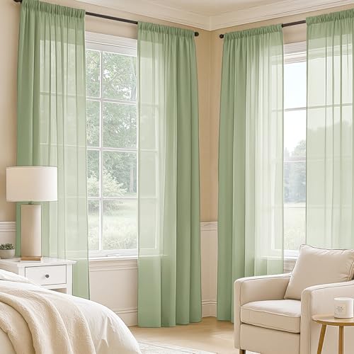 Sage Green Sheer Curtains 96 Inches Long 4 Panels 54 x 96 Inches (54"W x 96"L (Pack of 4) / Sage Green)