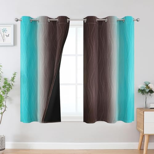 Brown and Teal Ombre Blackout Curtains for Bedroom 45 Inch (Teal and Brown / 42"W x 45"L (Pack of 2))