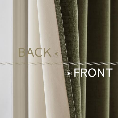 100% Blackout Linen Curtains for Bedroom 52x108 Light Olive Green (Light Olive Green / 52"W x 108"L (Pack of 2))