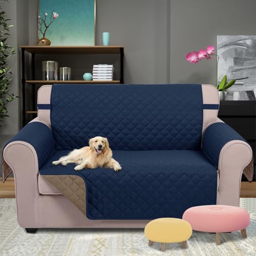 Loveseat Sofa Cover for 2 Cushion Couch (Navy/Taupe / 54"loveseat-medium)