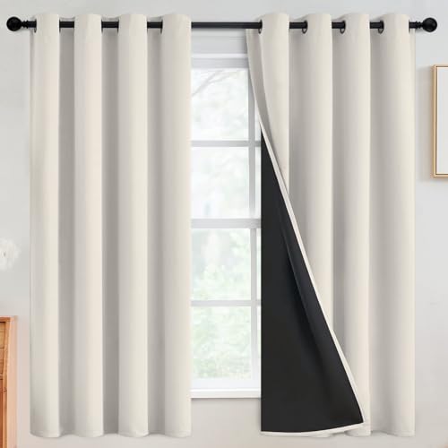 Cream 100% Blackout Curtains Room Darkening Living Room 63 Inch (Cream / 52"W x 63"L (Pack of 2))