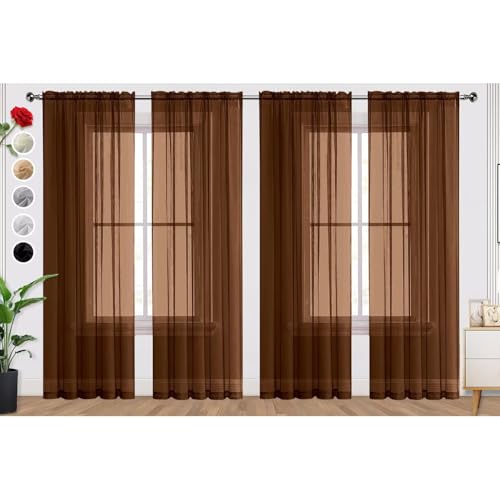 Brown Sheer Curtains 4 Panels Rod Pocket Semi (Brown / 52"W x 45"L (Pack of 4))