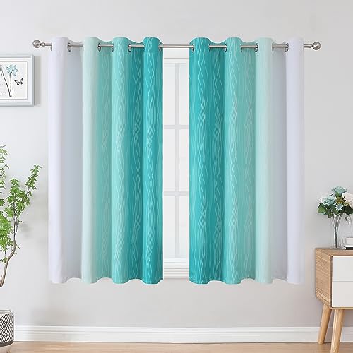 Teal and Grayish White Ombre Blackout Curtains for Living Room 45 Inch Long (Teal and Greyish White / 52"W x 45"L (Pack of 2))