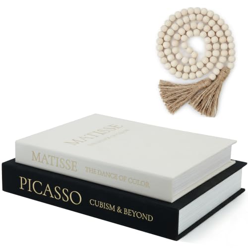 3 Piece Decorative Books for Home Decor with Wood Bead Garland (Lvory-Black(with bead garland))