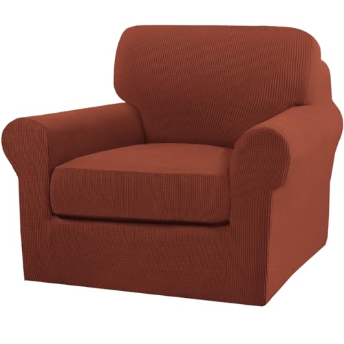 2 Piece Chair Covers Chair Slipcovers for Living Room Armchair Couch Cover Chair Sofa Cover with Individual Cushion Covers Furniture Cover for Chairs Feature Jacquard Fabric (Armchair (1 Cushion) / Rust)