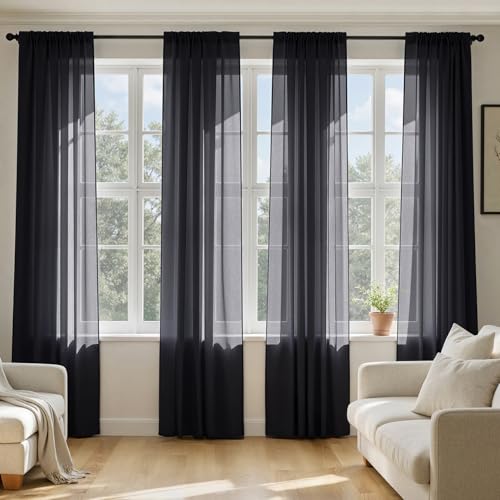 Black Sheer Curtains 102 Inches Long 4 Panels 42 x 102 Inches (42"W x 102"L (Pack of 4) / Black)