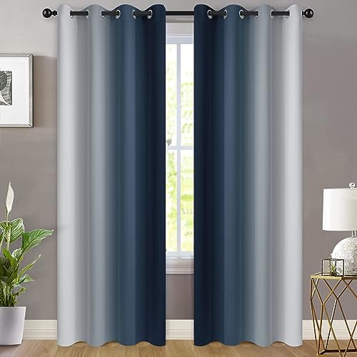 Ombre Curtains Navy Blue and Greyish White for Living Room (52"W x 90"L (Pack of 2) / Navy Blue)