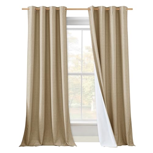 100% Absolutely Blackout Linen Curtains with Thermal Insulated White Liner (52"W x 120"L (Pack of 2) / Camel)
