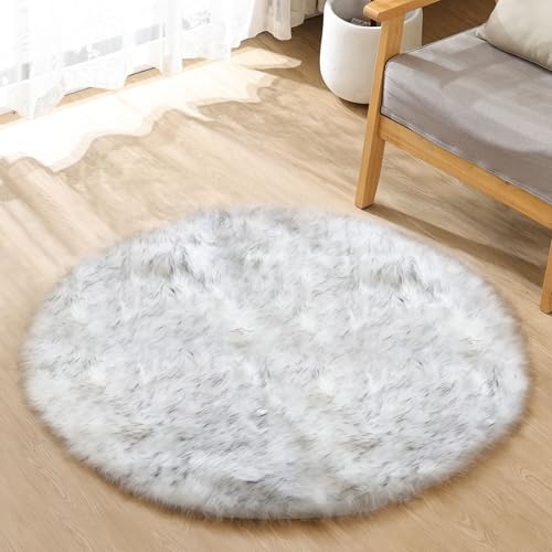 Grey and White Plush Machine Washable Area Rugs for Bedroom Small Circle Furry Faux Sheepskin Fur Rug for Living Room Nursery Round Rug 3ft (3' (Round) / White With Grey Tips)
