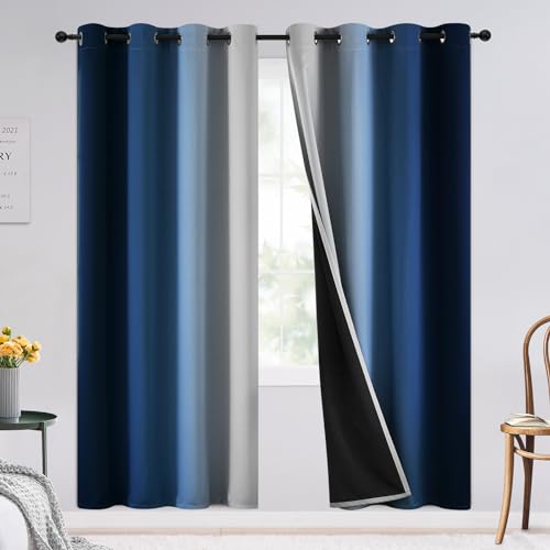 100% Blackout Ombre Bedroom Curtains Blue and Greyish White (52"W x 72"L (Pack of 2) / Blue With Black Back)