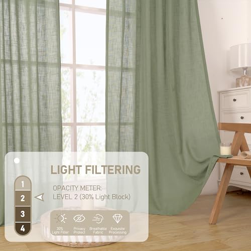 95 Inch Length Living Room Linen Curtains for Bedroom 2 Panels (52"W x 95"L (Pack of 2) / Sage Green)