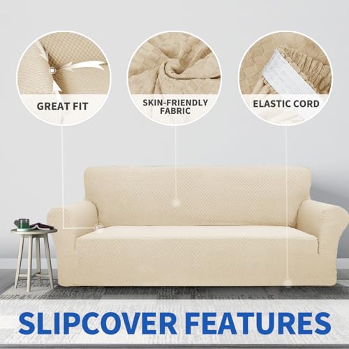 1 Piece Jacquard Couch Covers for 3 Cushion Couch Living Room High Stretch Sofa Cover Pets Dogs Friendly Anti Slip Thickened Slipcovers Furniture Protector (Large (71"-90") / Light Beige)