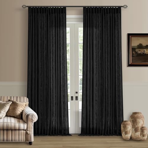 Black Pinch Pleated Linen Semi Sheer 108 Inch Curtains 2 Panels (Black / 40"W x 108"L (Pack of 2))