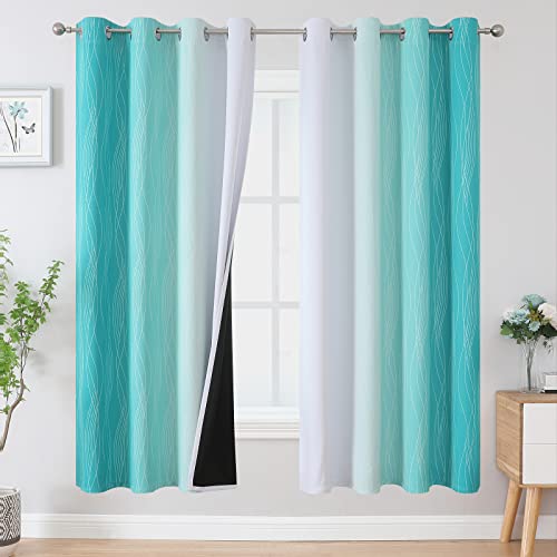 Teal and Grayish White Ombre Blackout Curtains for Living Room 72 Inch Long (Teal and Greyish White / 52"W x 72"L (Pack of 2))
