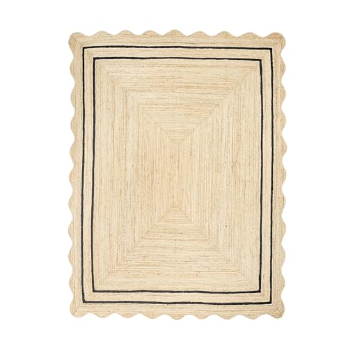 Wave Scalloped Jute Rug Entryway Natural Boho Area Rug 2'6"x4' Black (2'6"x4' / Black)