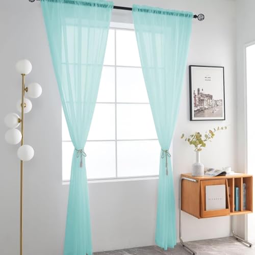 Basic Rod Pocket Sheer Voile Window Curtain Panels Sky Blue 1 Pair 2 Panels 52 Width 84 Inch Long for Kitchen Bedroom Children Living Room Yard（Sky Blue (Sky Blue / 52"W x 84"L (Pack of 2))