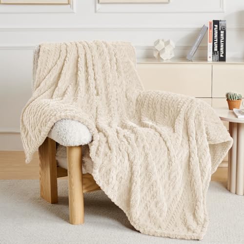 Beige Throw Blanket (Knit Beige / Throw(50x60))
