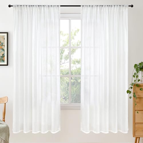 72 Inch Length White Linen Curtains for Living Room (White / 52"W x 72"L (Pack of 2))