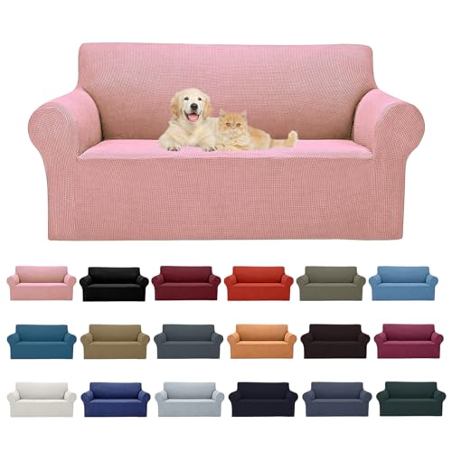 2026 New Stretch Loveseat Sofa Slipcovers Couch Cover for 2 Cushion Furniture Protector Sofa Covers with Elastic Bottom Jacquard Fabric Small Checks for Pets (Dusty Pink / Loveseat)