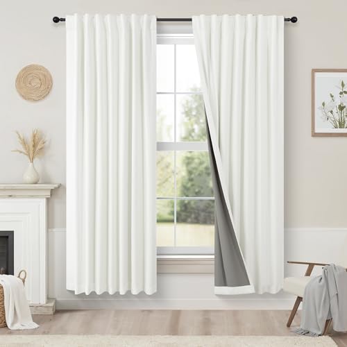 Bedroom Blackout Curtains 63 Inches Long 2 Panel Thermal Curtain for Summer Heat Dining Living Room Darkening Back Tab Short Drapes for 62 Inch Window Length Boho Linen Textured Ivory Off White (Ivory / 52"W x 63"L (Pack of 2))