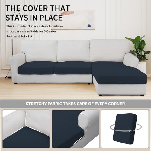 Stretch 3 Pieces Couch Cushion Covers for Sectional Sofa L Shape (2 Seater + 1 Chaise / Dark Blue)