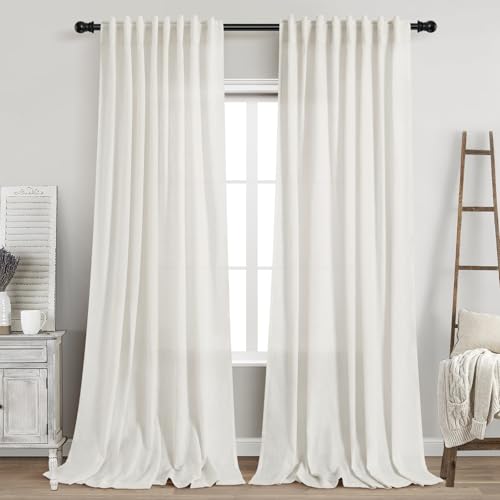 Beige White Linen Curtains 90 Inches Long for Living Room 2 Panels Set Semi Sheer Vertical Curtains Back Tab Rod Pocket Coastal Room Decor Privacy Curtain for Bedroom (60"W x 90"L (Pack of 2) / Beige White)