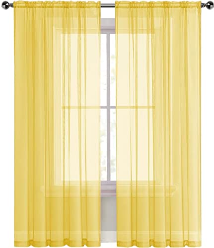 Sheer Voile Window Treatment Rod Pocket Curtain Panels for Kitchen Bedroom Living Room Drapes Sunlight Filtering Privacy Semi Home Decor Assorted Colors Sizes (Yellow / 52"W x 72"L (Pack of 2))
