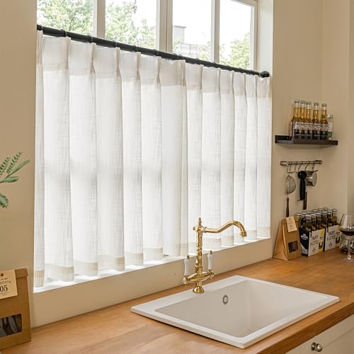 Natural Cream Linen Cafe Curtains 24 Inch Length Pinch Pleated 2 Panels Set (Natural / 40"W x 24"L (Pack of 2))
